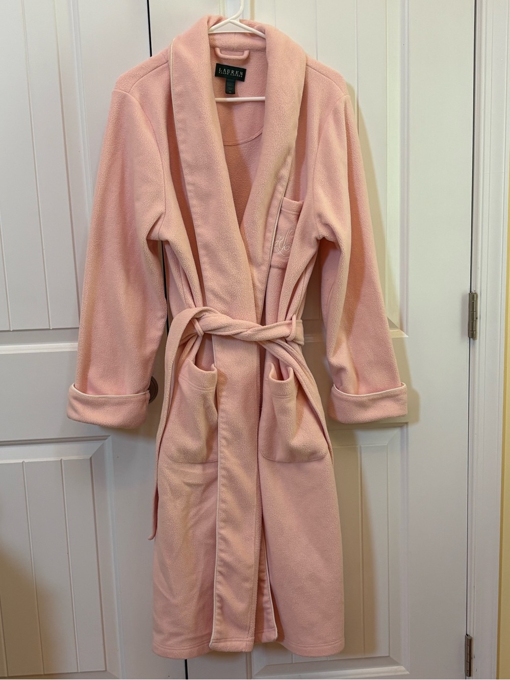 Ralph Lauren Light Pink Plush Robe with Monogram Pocket